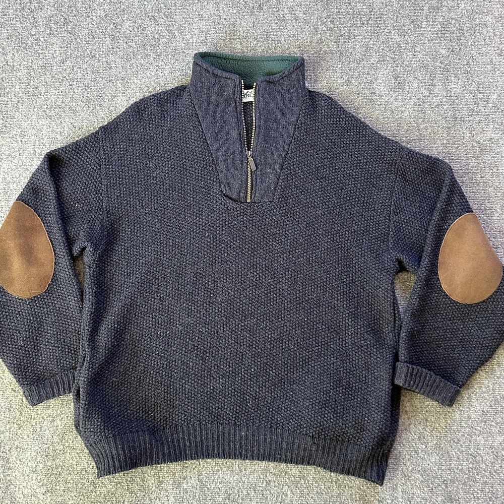 Vintage REI Sweater Mens Large Blue Wool 1/4 Zip Mock Neck Elbow Patch Knit USA